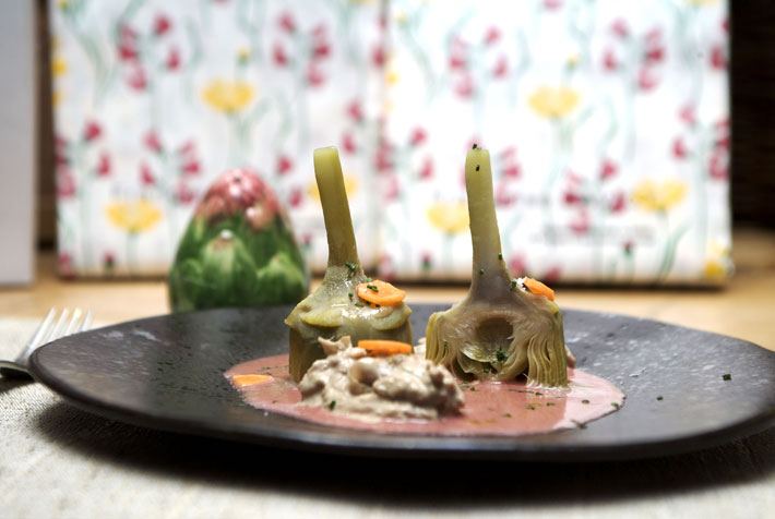 ESCABECHE DE ALCACHOFAS, FOIE Y CODORNIZ CON REMOLACHA